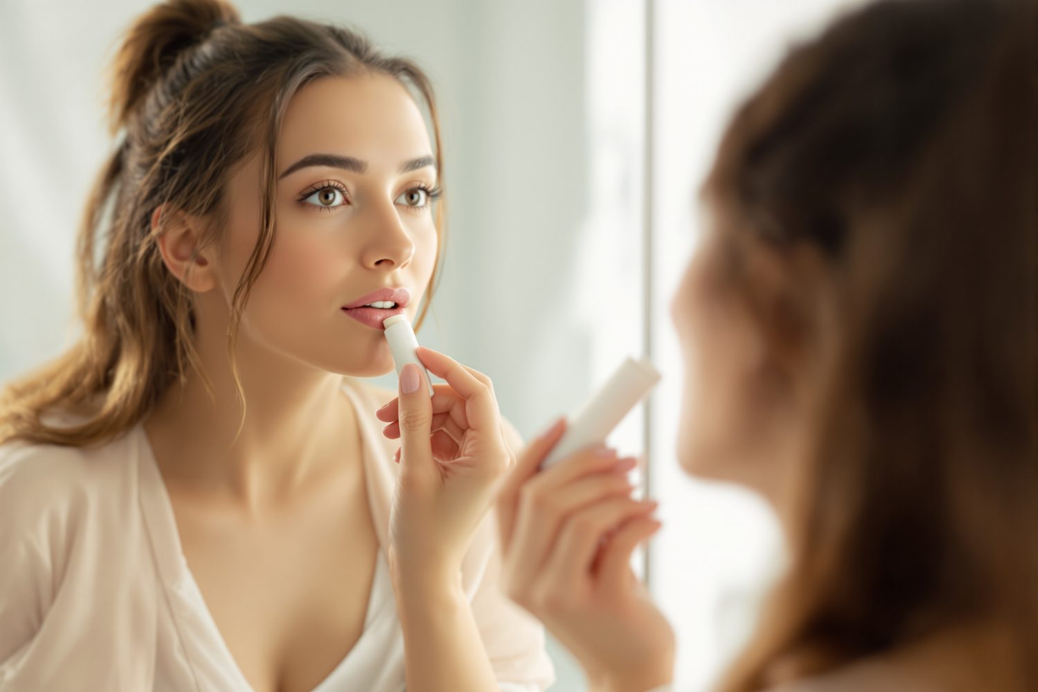 A woman applying a plain unlabeled tinted lip balm in front of a bathroom mirror in soft morning light
