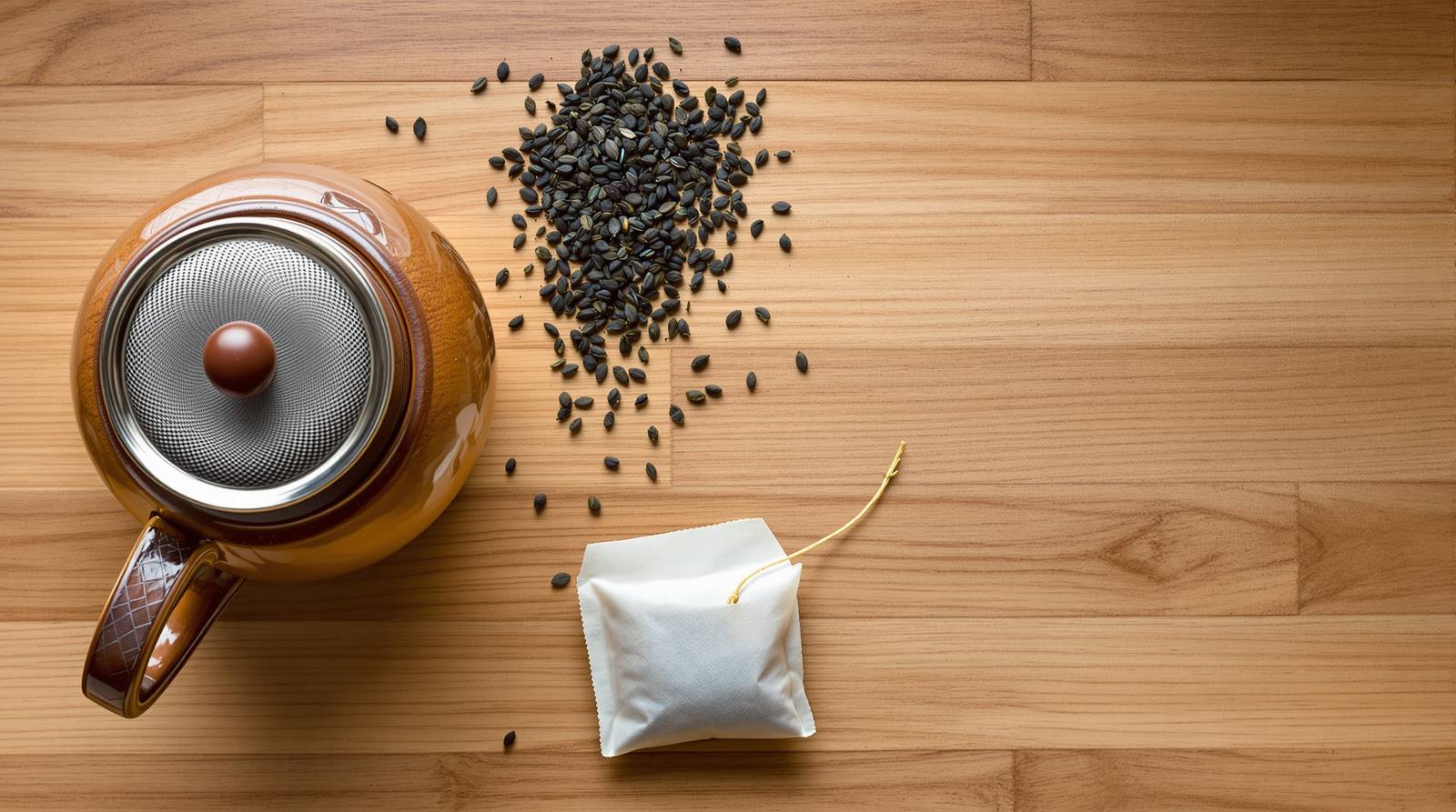 Unbleached paper tea bags and loose-leaf tea in a ceramic teapot with a stainless-steel infuser on a kitchen counter