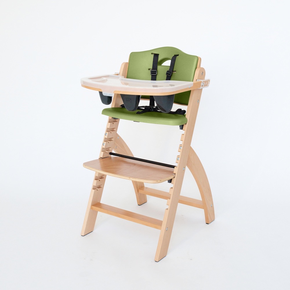 Abiie Beyond Junior Y wooden high chair with tray and olive-green cushion
