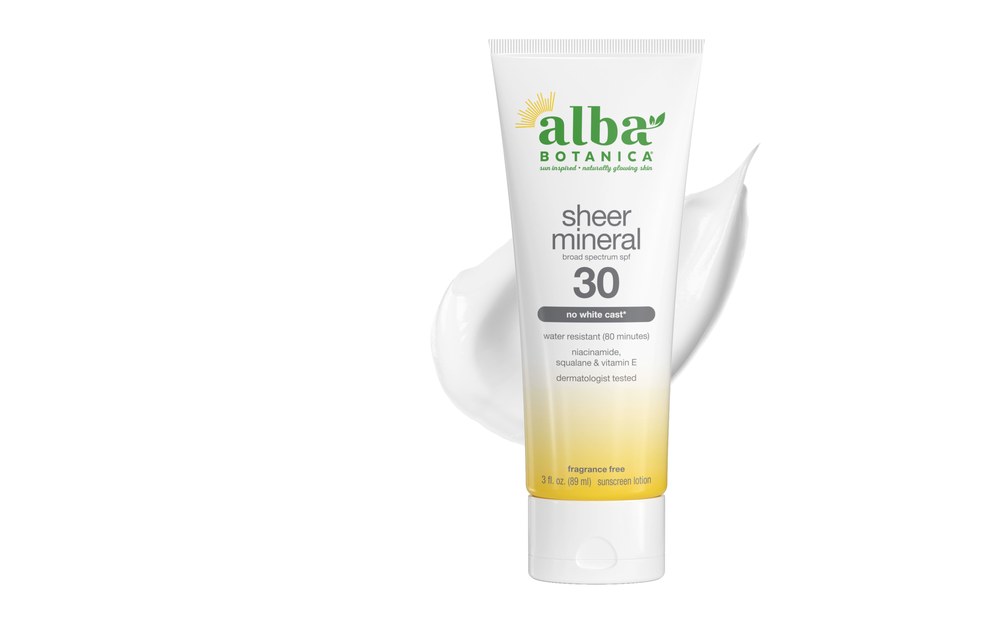Alba Botanica Sheer Mineral Sunscreen SPF 30 — fragrance-free zinc oxide lotion, the affordable drugstore mineral pick