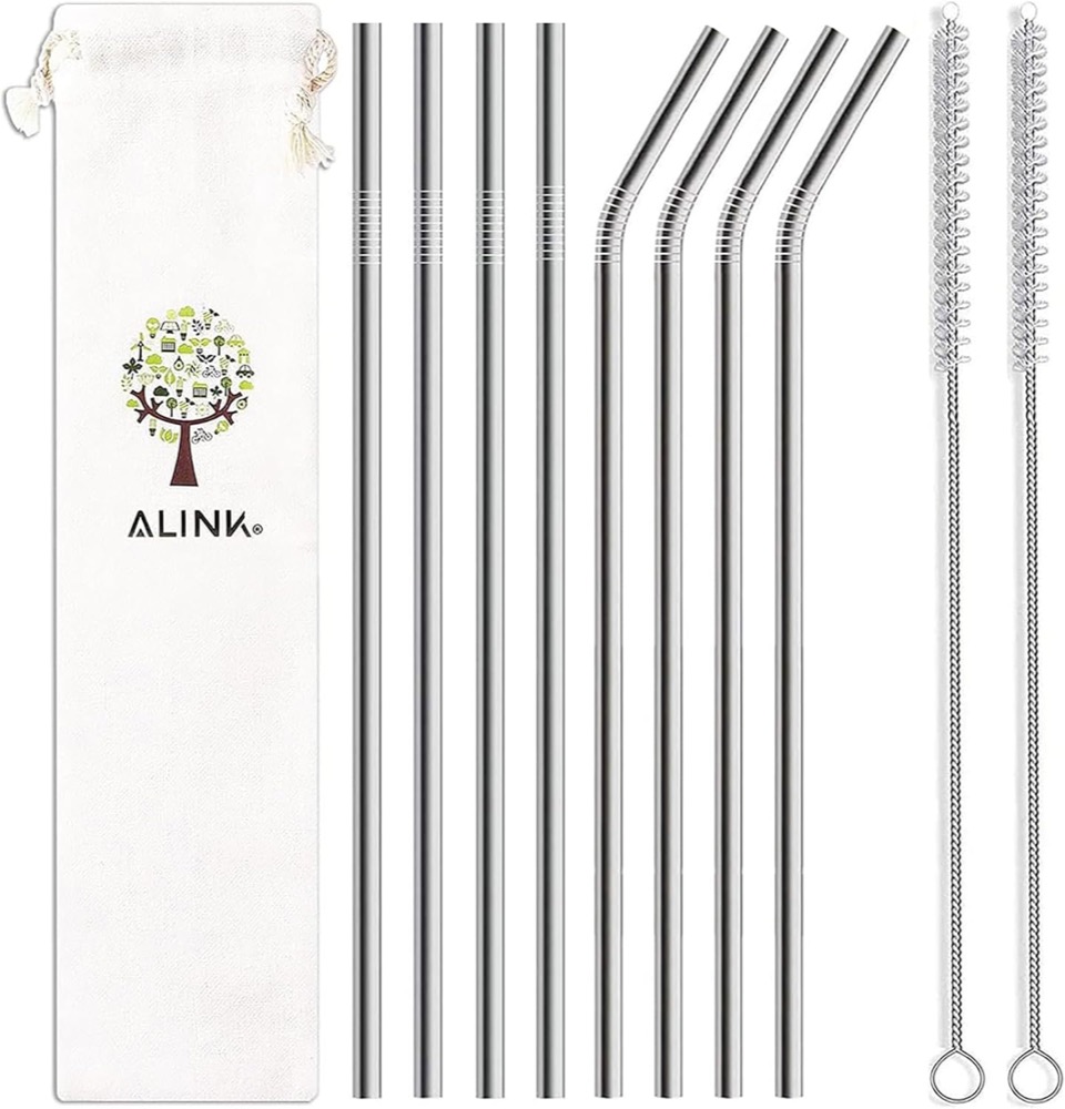 ALINK stainless steel straws 8-pack — four straight and four bent 18/8 steel straws with two cleaning brushes and a cotton pouch