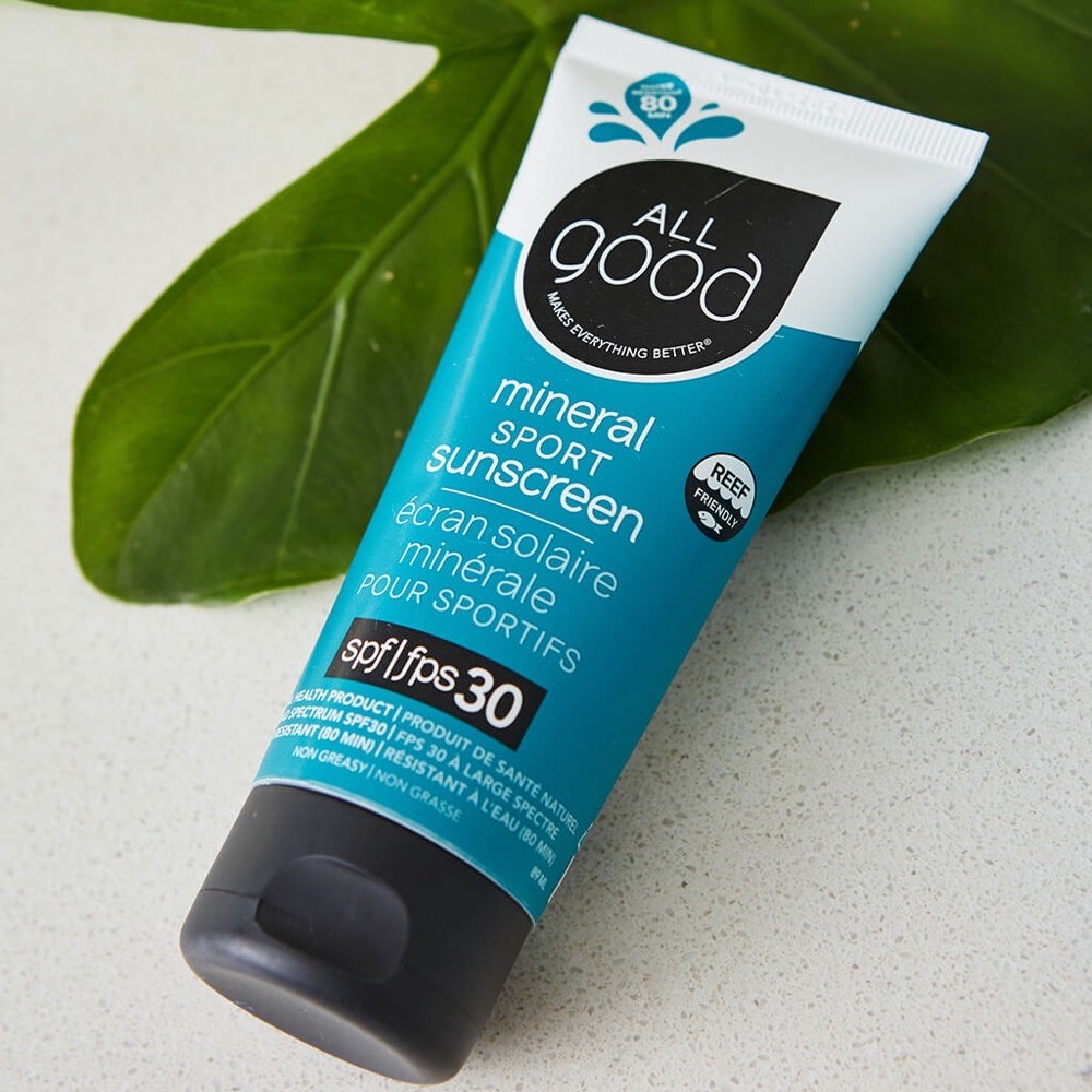 All Good Sport Mineral Sunscreen Lotion SPF 30 tube — zinc oxide, reef-friendly, water-resistant 80 minutes