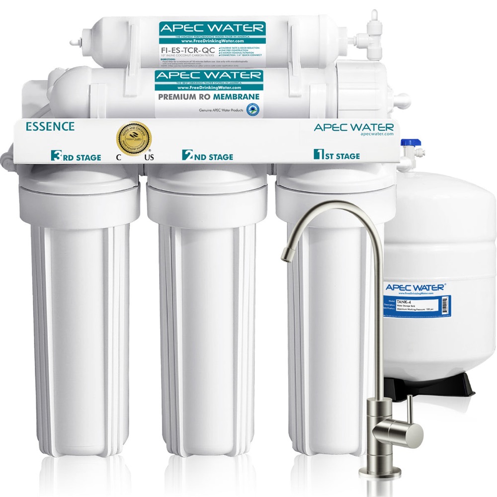 APEC Water ROES-50 Essence 5-stage under-sink reverse osmosis system with faucet and storage tank, made in USA