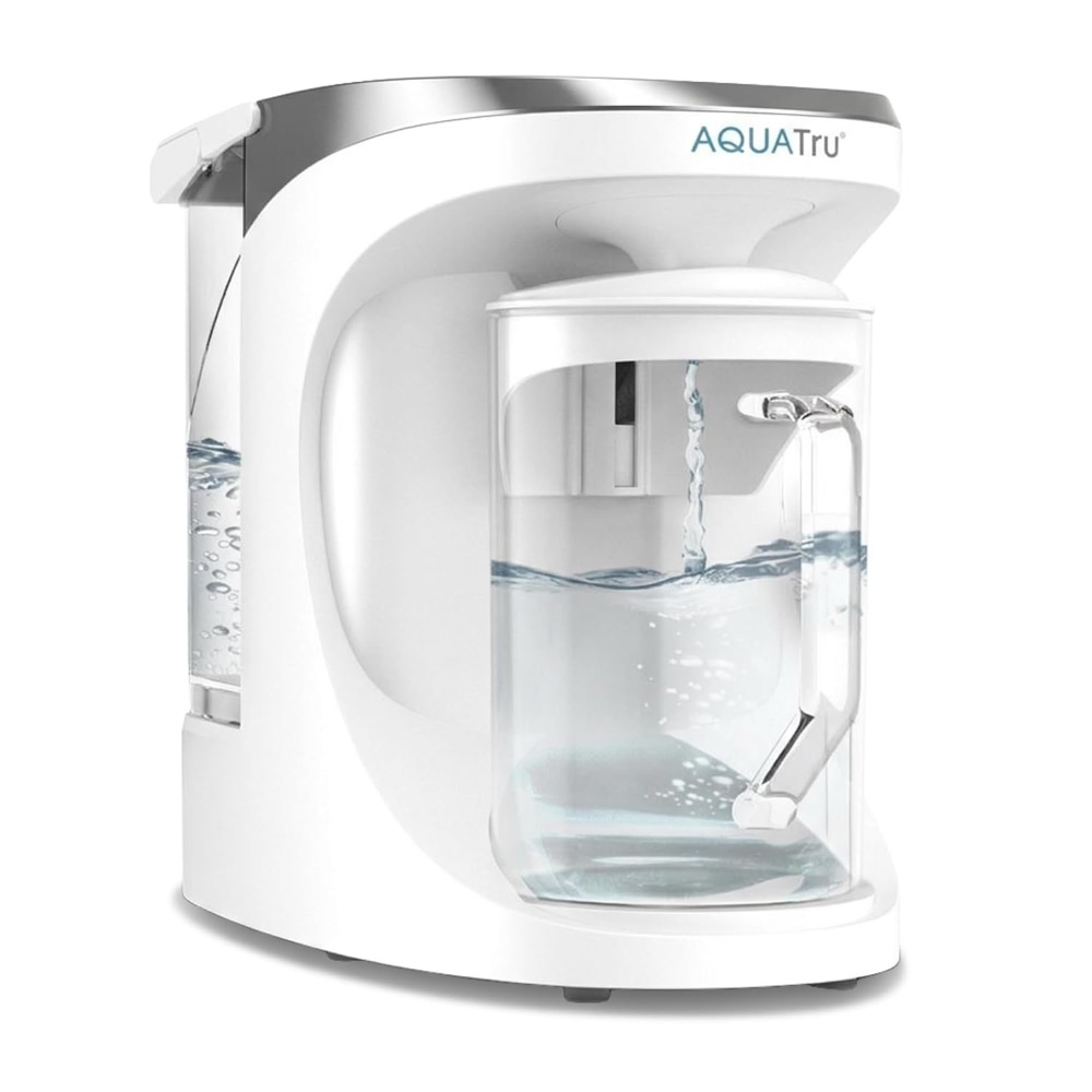 AquaTru Carafe countertop reverse-osmosis water filter — glass collection carafe, NSF/ANSI 58 certified, no plastic at the point of use