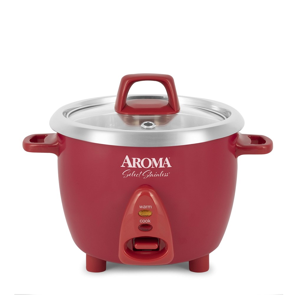 Red Aroma ARC-753SG rice cooker with an uncoated stainless steel inner pot