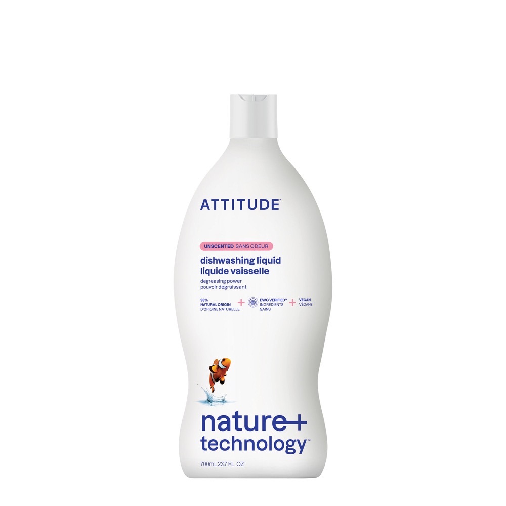 ATTITUDE Nature+ Unscented dishwashing liquid bottle — EWG Verified, hypoallergenic, fragrance-free and dye-free