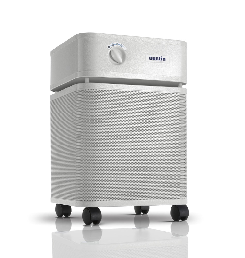 Austin Air HealthMate Plus air purifier — steel-housed unit with 60 sq ft of True HEPA media and a 5-year filter