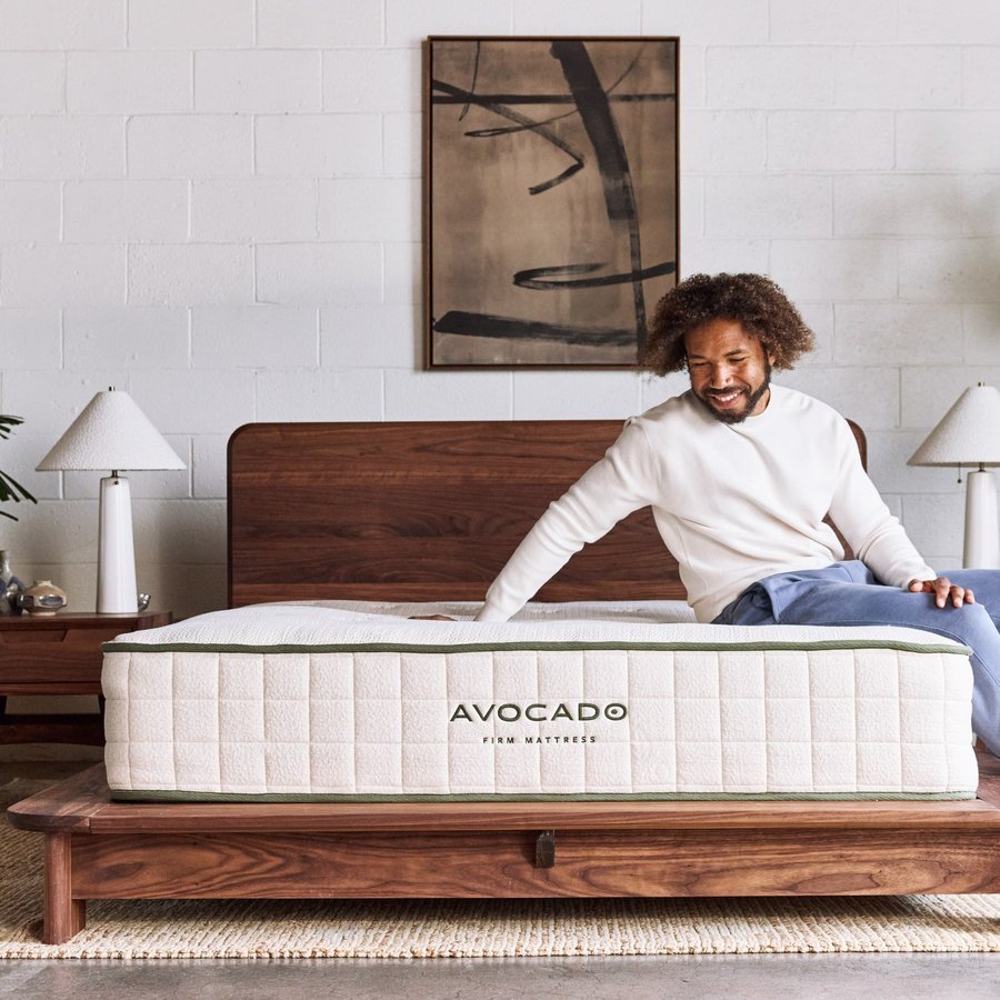 Avocado Green Mattress — GOLS organic Dunlop latex with organic wool and cotton, on a walnut platform bed