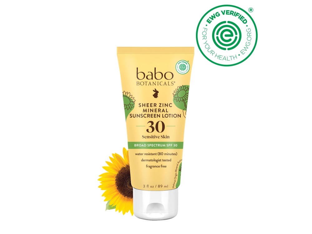Babo Botanicals Sheer Zinc Mineral Sunscreen Lotion SPF 30 tube — EWG Verified, non-nano zinc oxide, fragrance-free