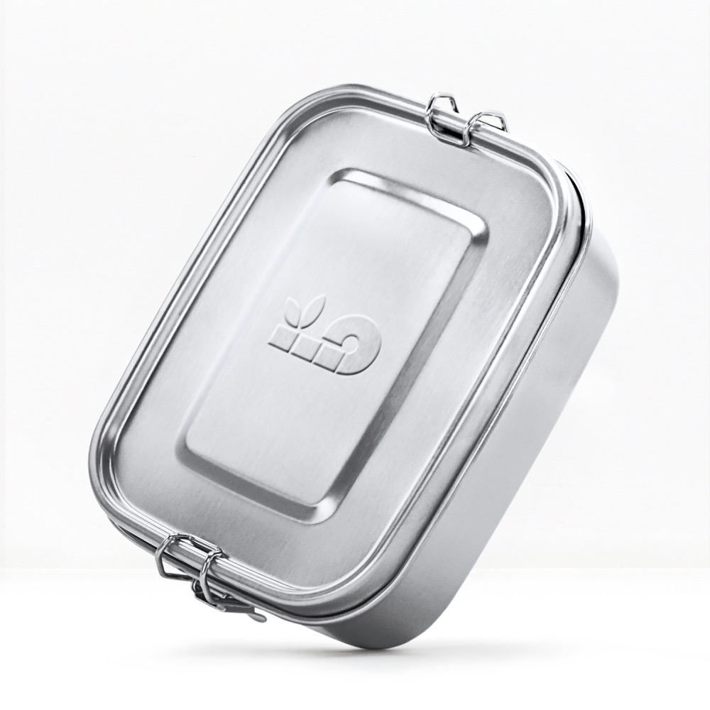 Bambaw stainless steel lunch box — single-piece 304 stainless box with clasp lid and leakproof silicone seal, clean minimalist design