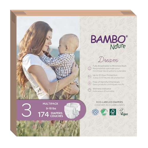 Bambo Nature Dream eco-labeled baby diapers size 3 box showing FSC and vegan certification marks