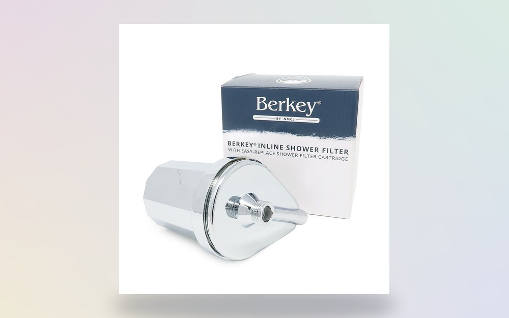 Berkey inline shower filter in chrome — dual-stage KDF-55 and calcium sulfite, 12-month filter life