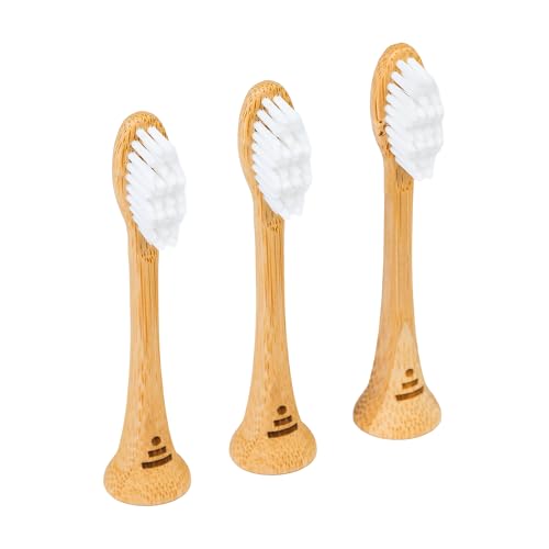 Three Better and Better bamboo sonic replacement brush heads with white plant-based bristles on a plain background