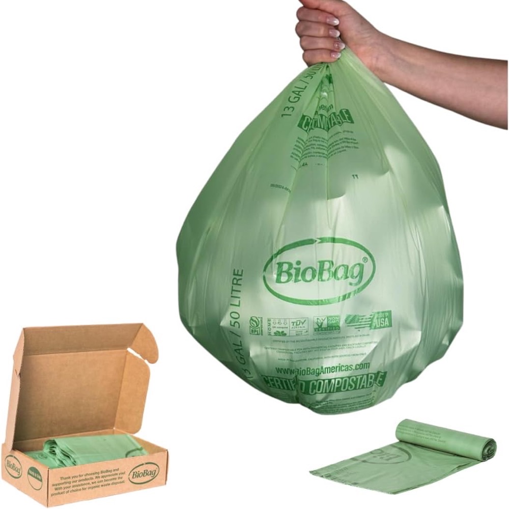 BioBag 13 Gallon Tall Kitchen Compostable Trash Bags — BPI certified, GMO-free Mater-Bi starch resin