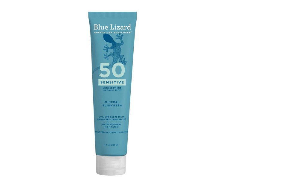 Blue Lizard Sensitive Mineral Sunscreen SPF 50+ — zinc oxide, fragrance-free, dermatologist developed for reactive skin