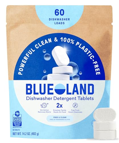 Blueland plastic-free dishwasher detergent tablets, 60 count free and clear paper pouch with two white tablets beside it
