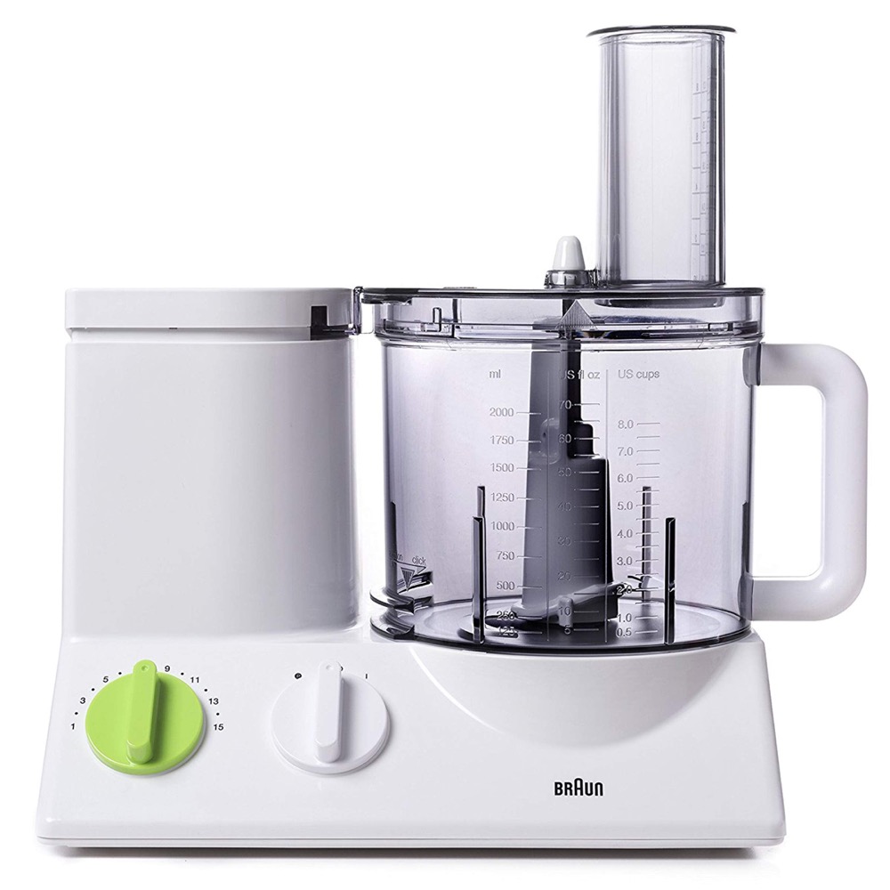 Braun FP3020 12-cup food processor in white with clear bowl and tall feed tube