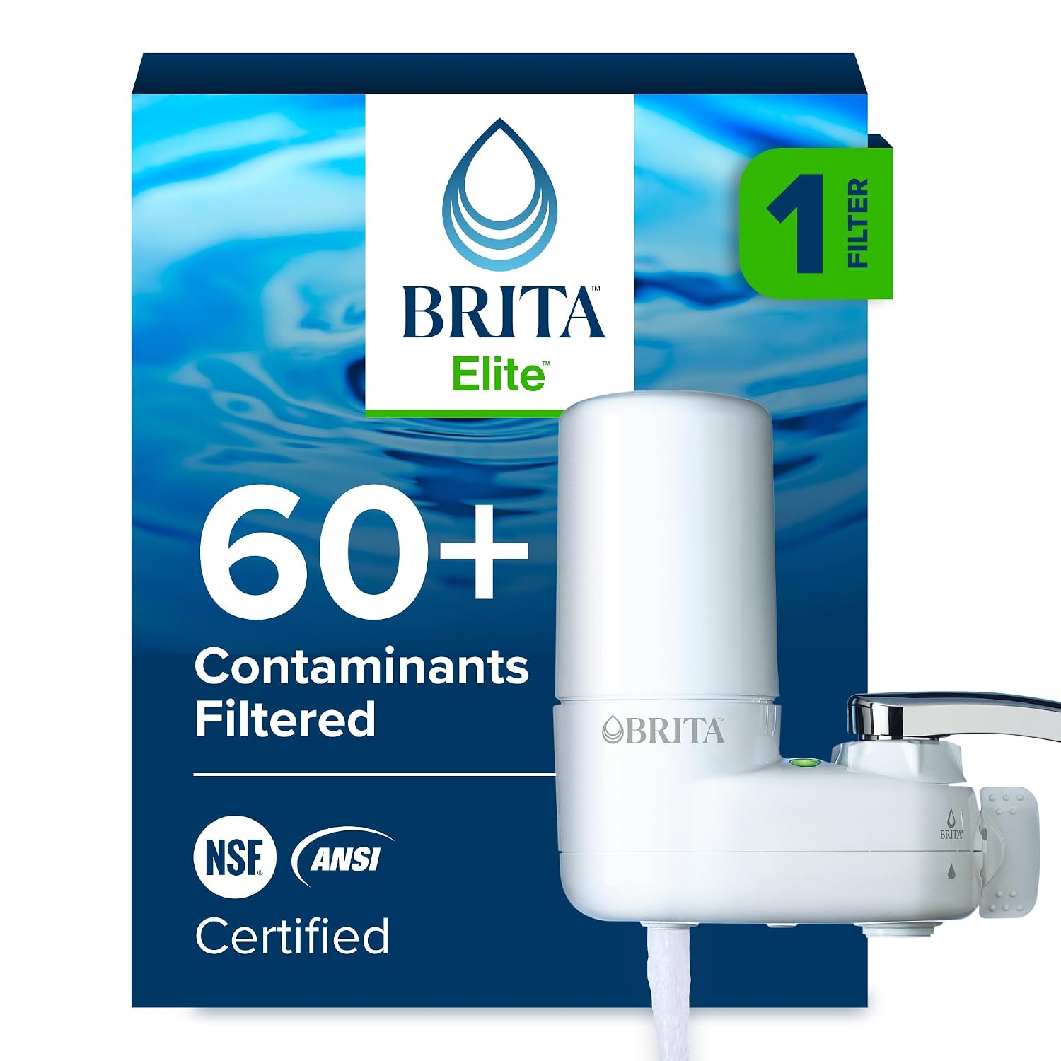 Brita Basic faucet mount water filter in white attached to a kitchen faucet, simple design without indicator light