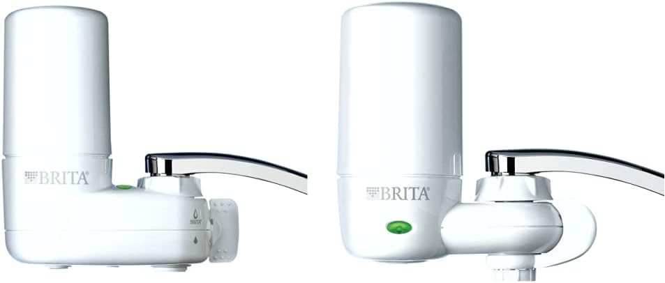 Brita Complete Faucet Filter in white attached to a kitchen sink faucet with filter-change indicator light