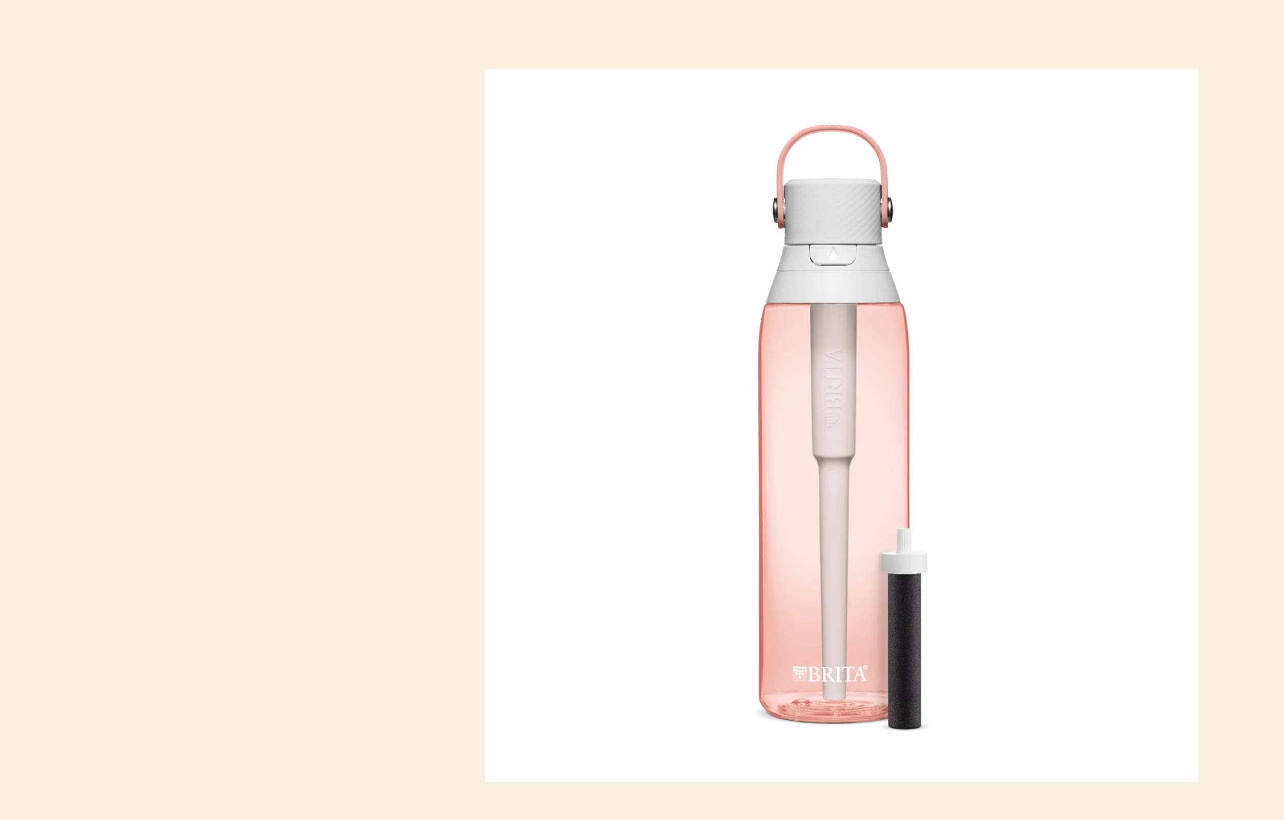 Brita Premium filtering water bottle 26 oz in blush pink hard-sided Tritan plastic with granular activated carbon filter cartridge for chlorine reduction only