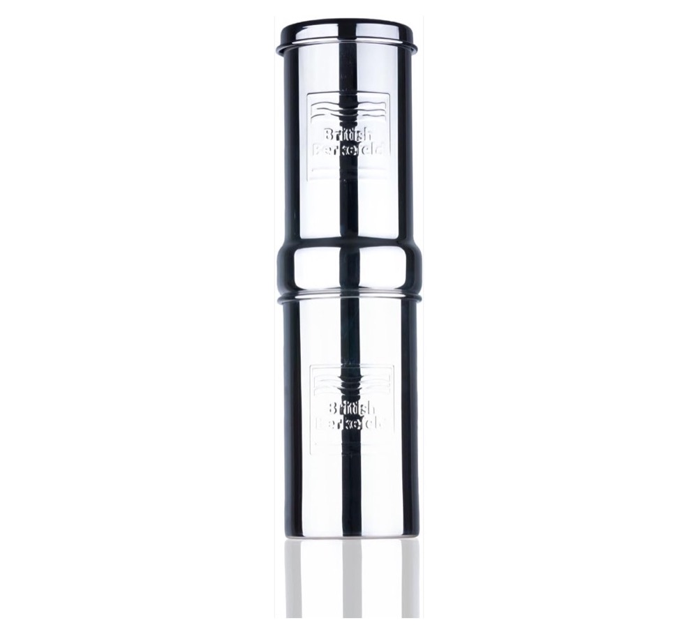 British Berkefeld stainless-steel gravity water filter with Super Sterasyl elements — no electricity, no plastic contact with filtered water