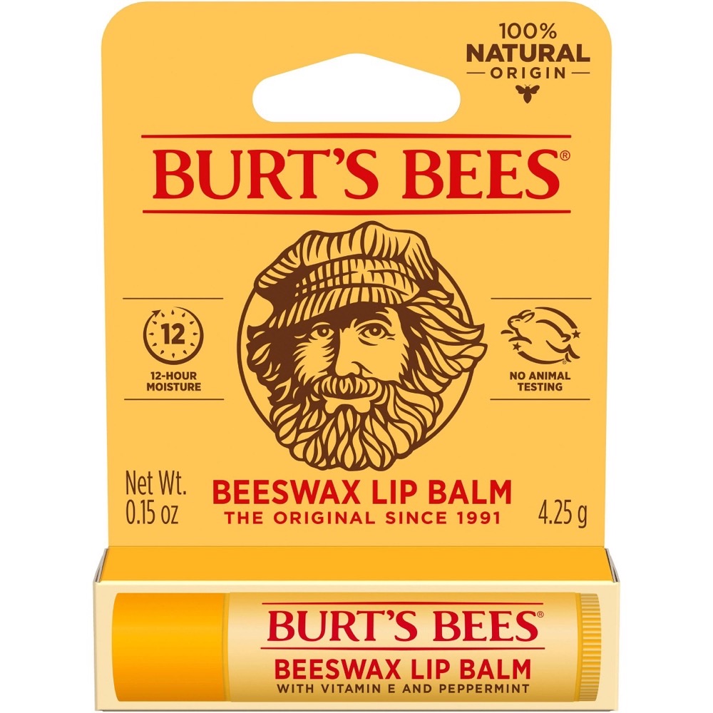 Burt's Bees 100% Natural Origin Beeswax Lip Balm tube — beeswax and vitamin E, no petroleum or parabens