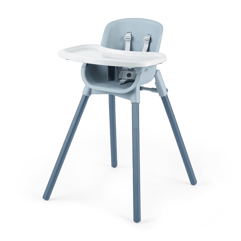 Chicco Zest 4-in-1 high chair in Capri blue with a one-piece molded seat, 5-point harness, white removable tray and four legs