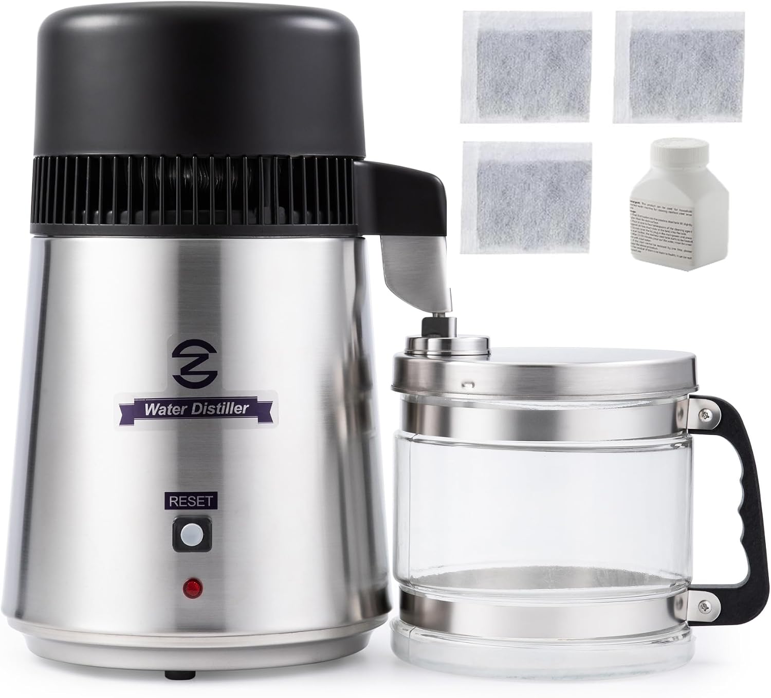 CO-Z 4L countertop water distiller with brushed stainless-steel interior and glass collection pot