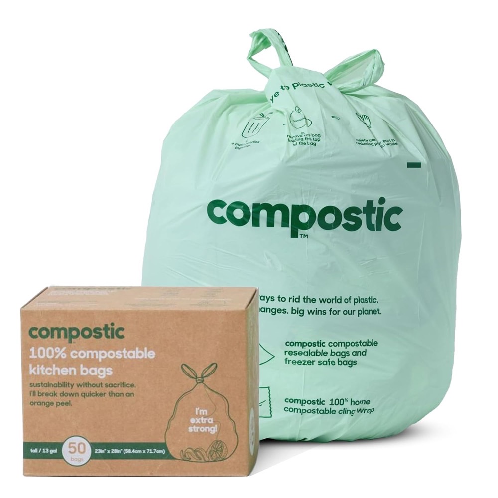 Compostic home compostable kitchen bags — mint-green bag with kraft box, OK Compost HOME certified, plant-based