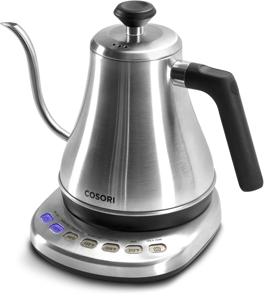COSORI Gooseneck Electric Kettle in brushed stainless steel with a precise gooseneck spout for pour-over coffee and tea