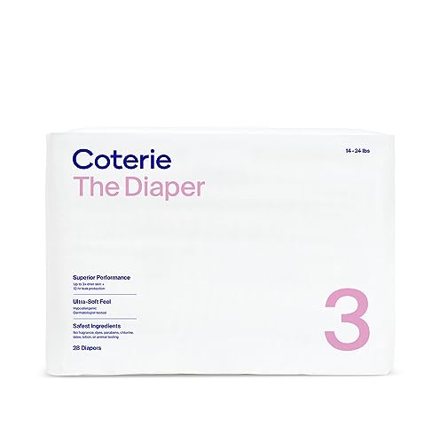 Coterie The Diaper size 3 package, white box listing no fragrance, dyes, parabens, chlorine, latex or lotion