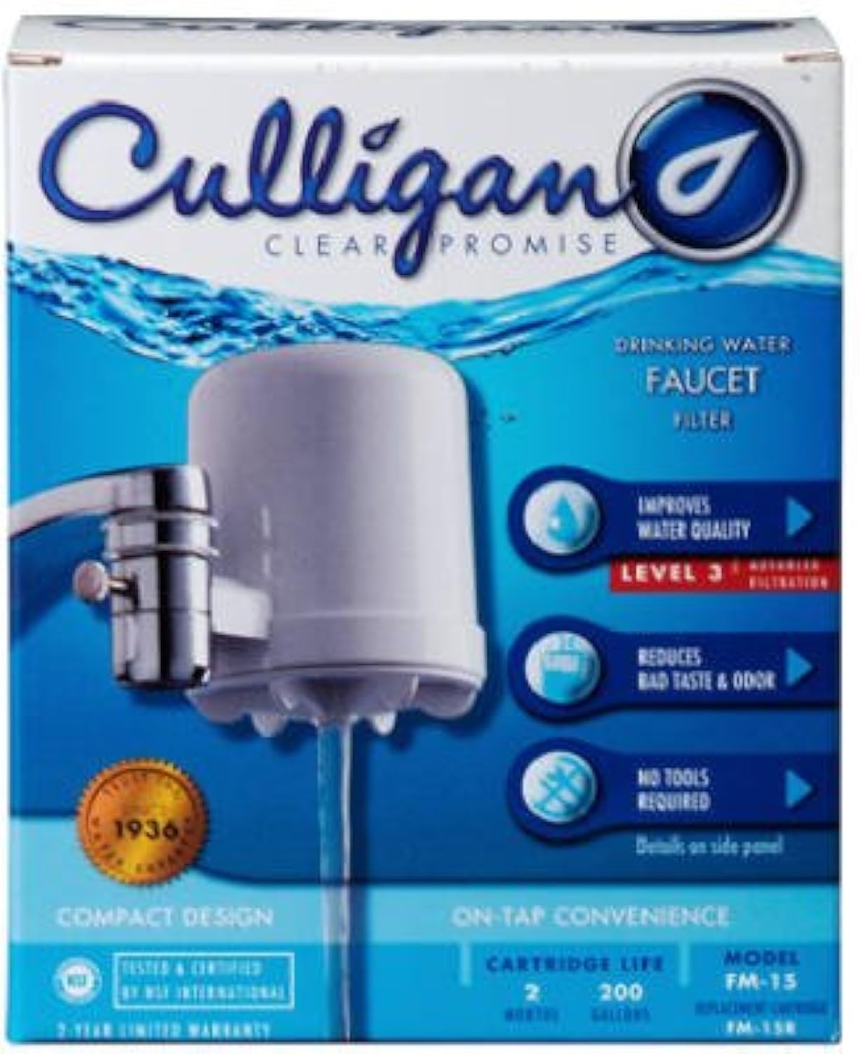 Culligan FM-15A faucet mount water filter in white with lead and cyst reduction cartridge mounted on a kitchen sink faucet