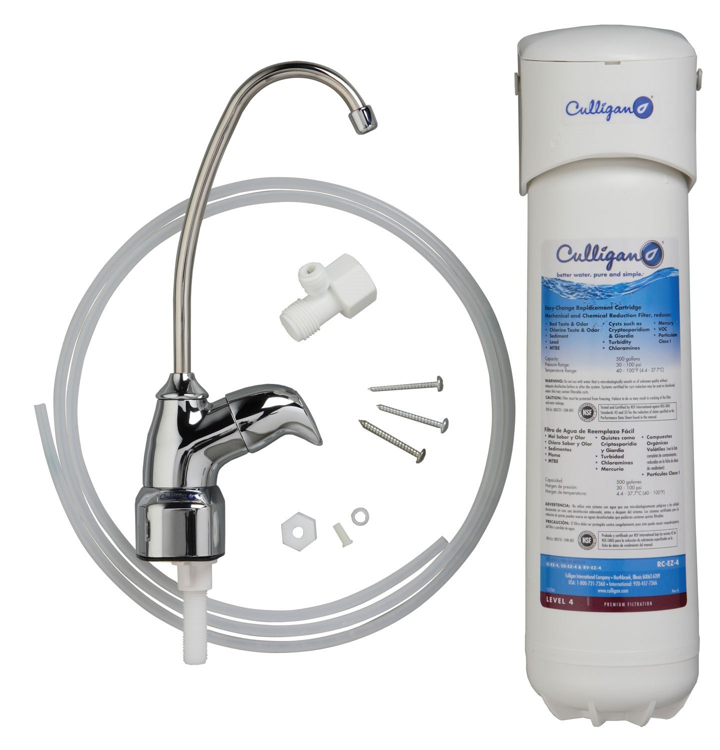 Culligan US-EZ-4 Level 4 under-sink drinking water filter with chrome faucet, tubing, and EZ-Change replacement cartridge