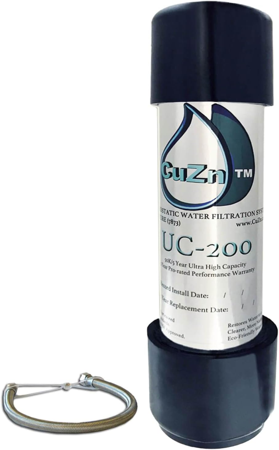 CuZn UC-200 inline under-sink water filter cartridge rated for up to 50,000 gallons or 5 years, with connector hose