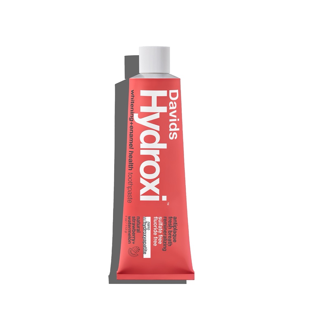 Davids Hydroxi kids strawberry watermelon toothpaste in a recyclable aluminum tube — nano-hydroxyapatite, fluoride-free, SLS-free