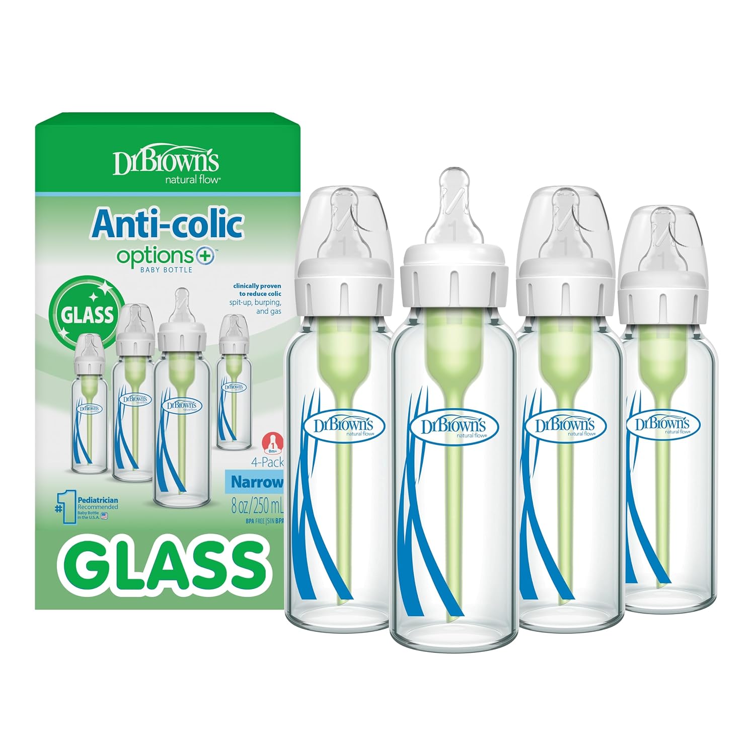 Dr. Brown's Anti-Colic Options+ narrow glass baby bottles, 8 ounce four-pack with Level 1 slow-flow nipples