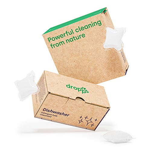 Dropps UltraWash unscented dishwasher detergent pods in two brown cardboard cartons with three clear pods floating beside them