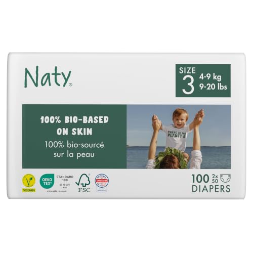 Eco by Naty size 3 diaper package labeled 100% bio-based on skin with OEKO-TEX, FSC and EU Ecolabel marks