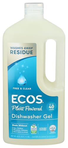 ECOS Free and Clear automatic dishwasher gel in a 40 fluid ounce white plastic bottle