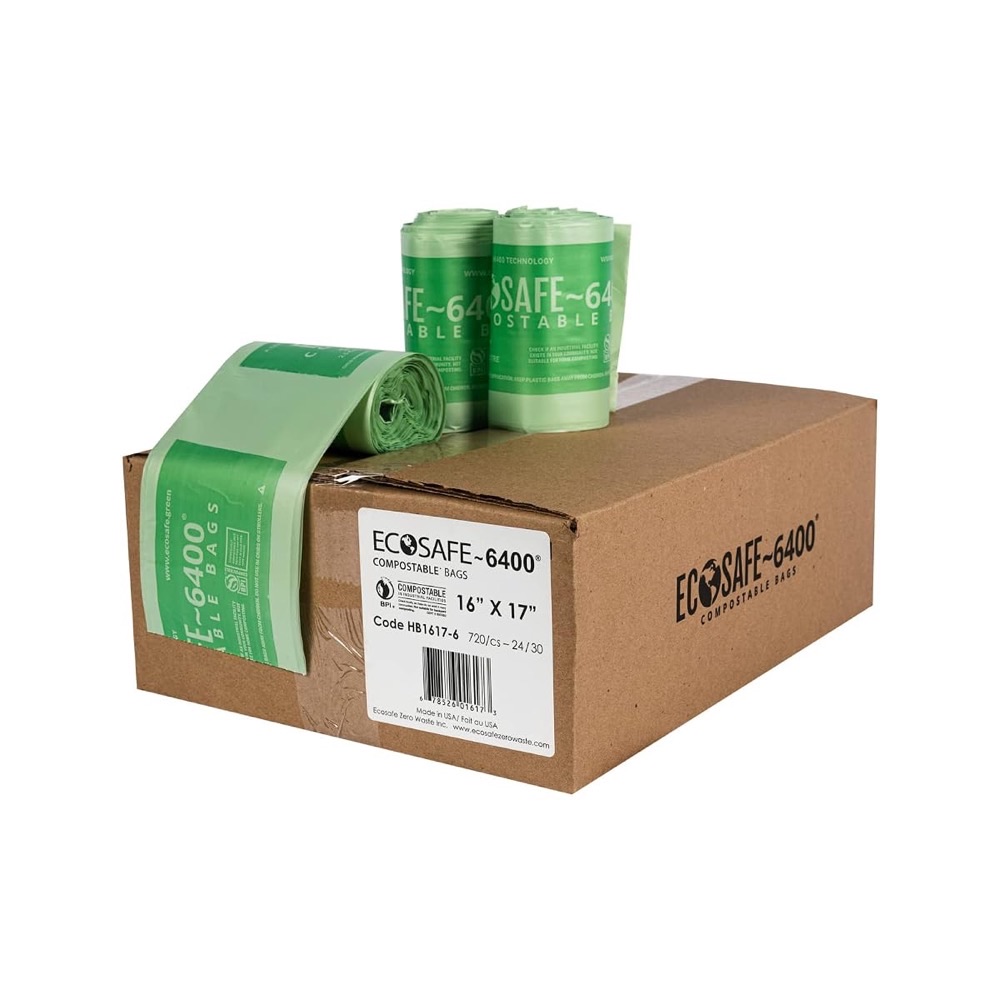 EcoSafe-6400 compostable bags — green-tinted rolls on a kraft box, BPI certified, municipal compost approved
