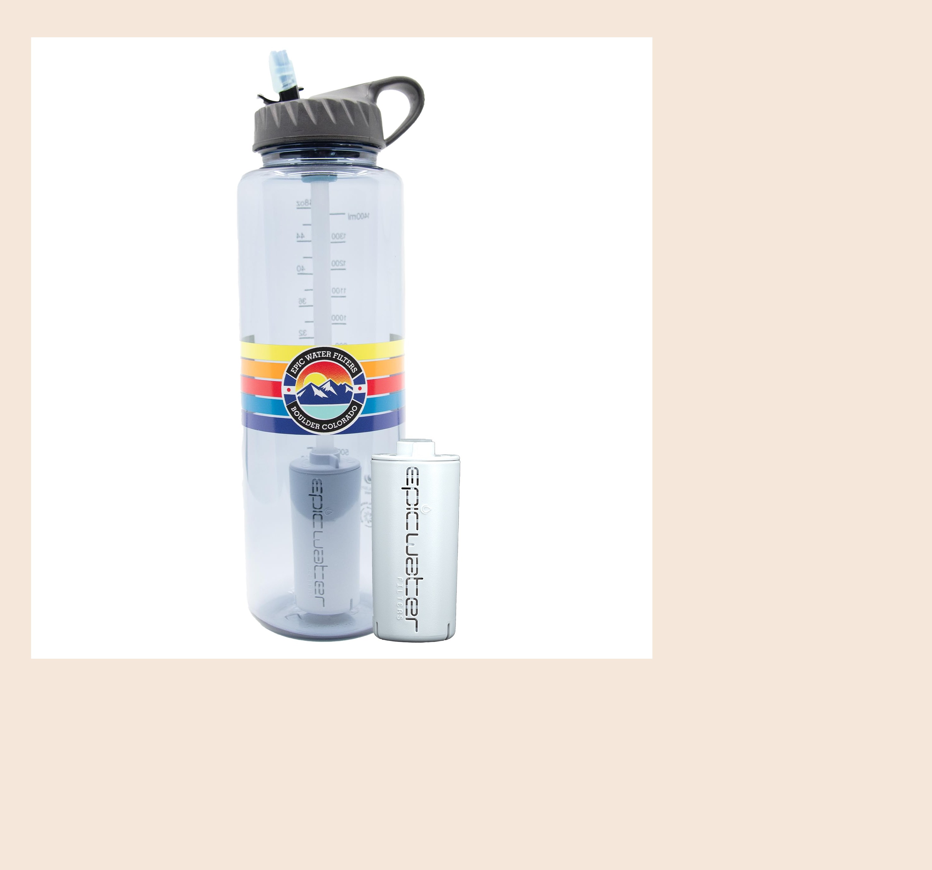 Epic Nalgene OG water filtration bottle in smoke grey with wide-mouth Nalgene body and Epic multi-media filter cartridge for tap water