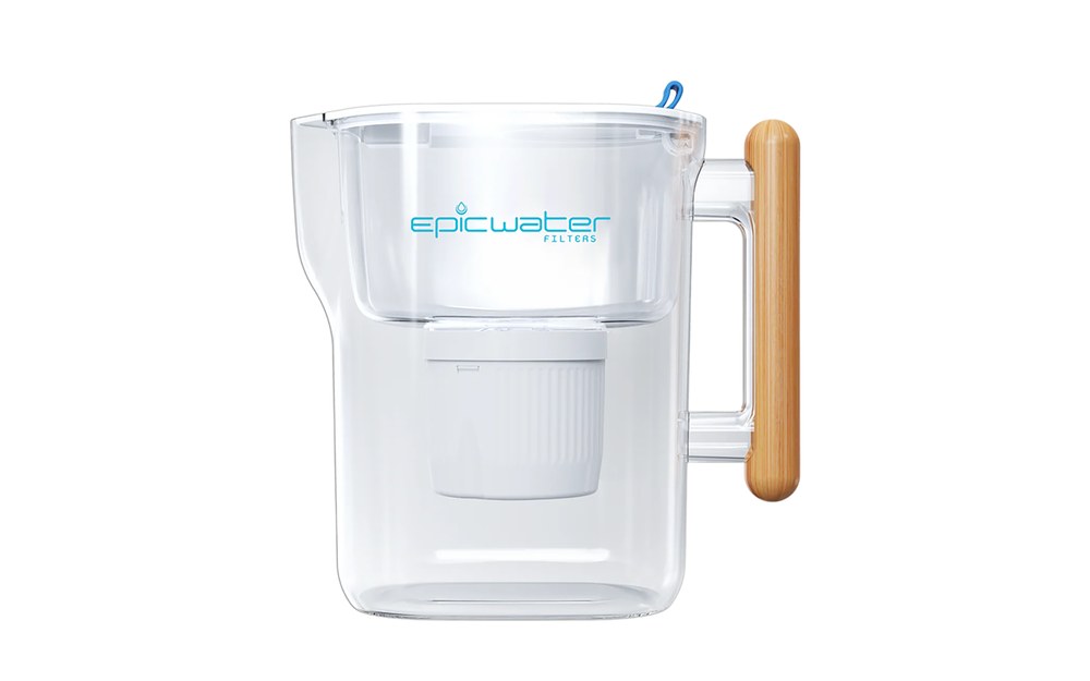 Epic Pure water filter pitcher — hollow fiber + carbon dual-stage filter that removes 99.9% of microplastics from tap water