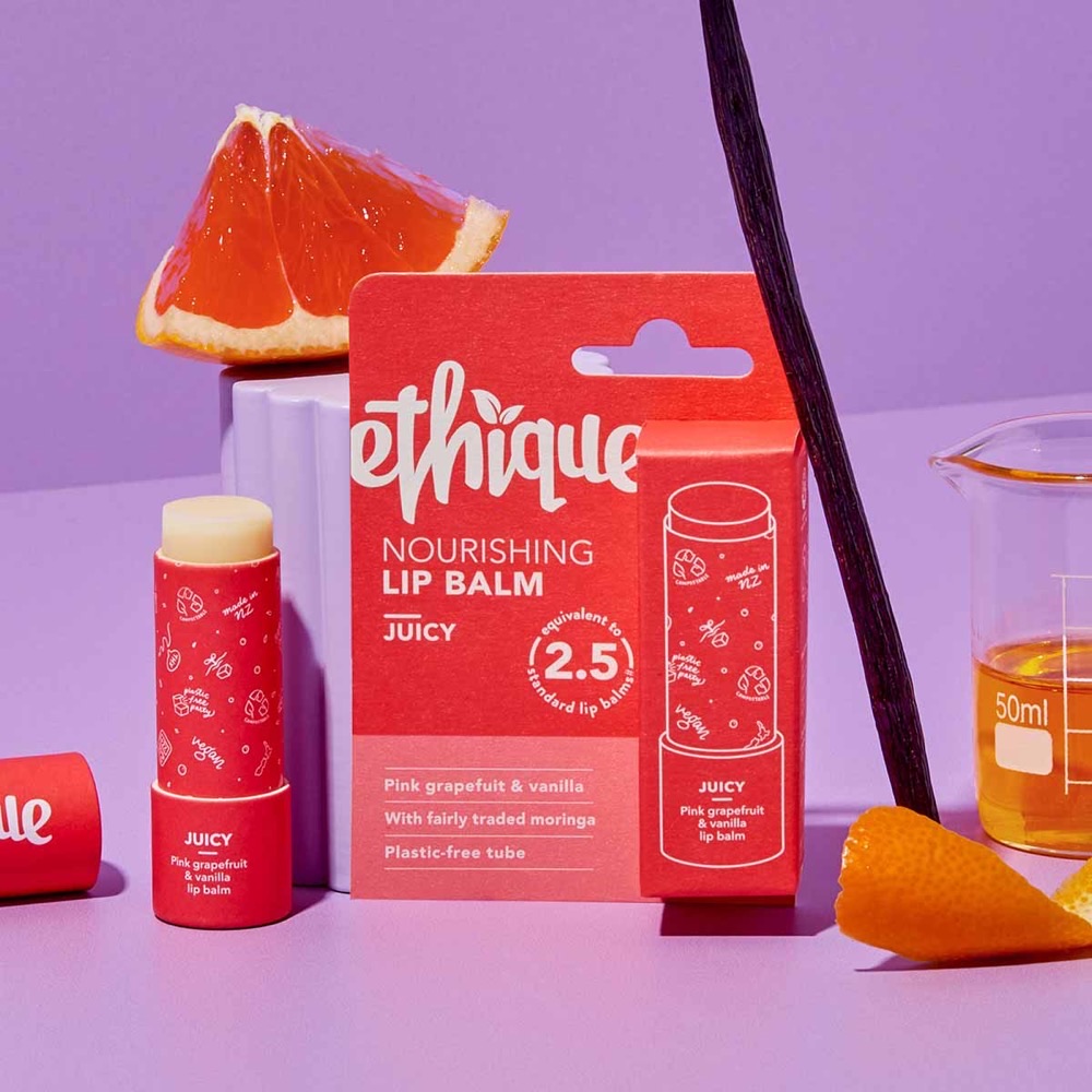 Ethique Juicy Nourishing Lip Balm — plastic-free compostable tube, vegan, pink grapefruit and vanilla