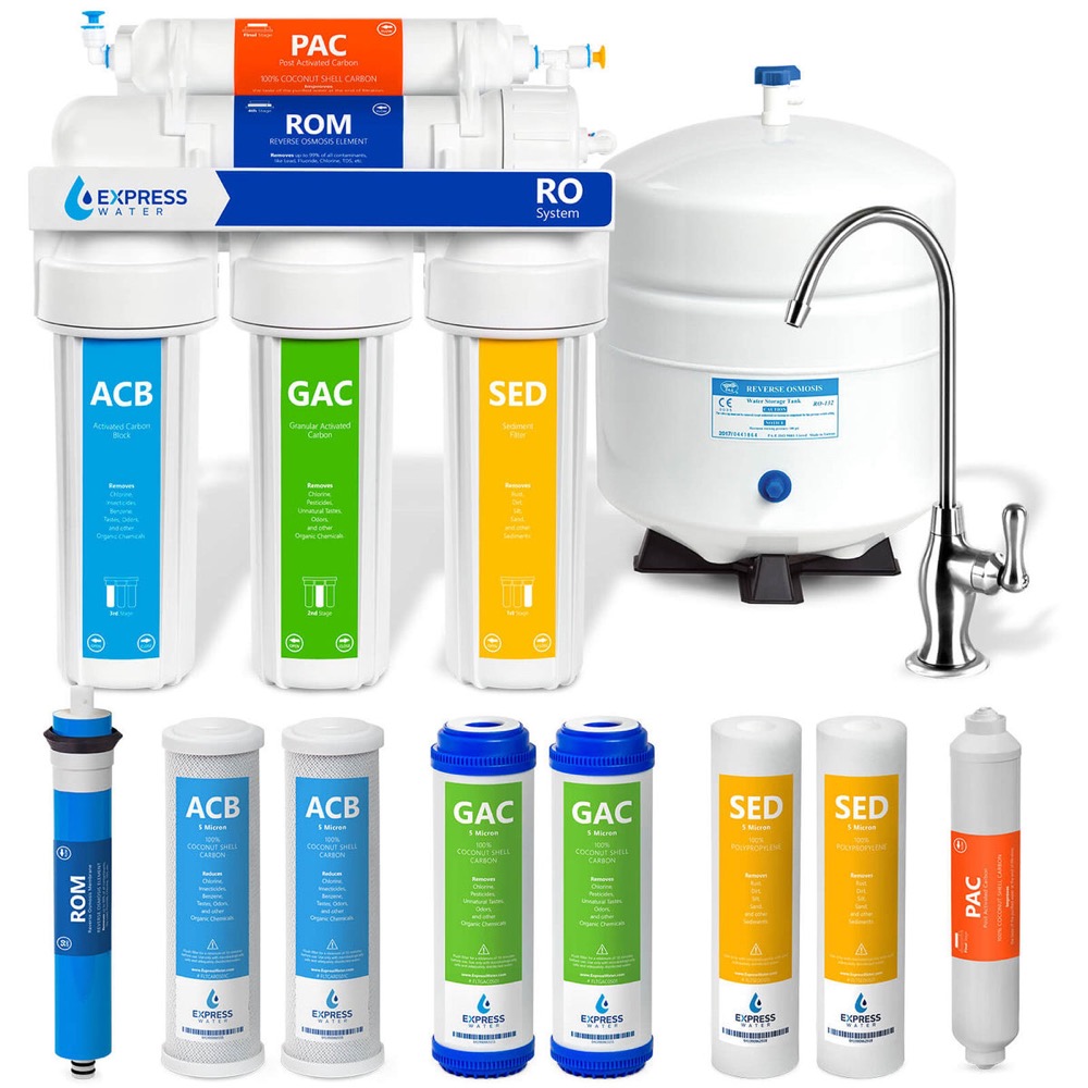 Express Water RO5DX 5-stage under-sink reverse osmosis system with faucet, storage tank, and full replacement filter set