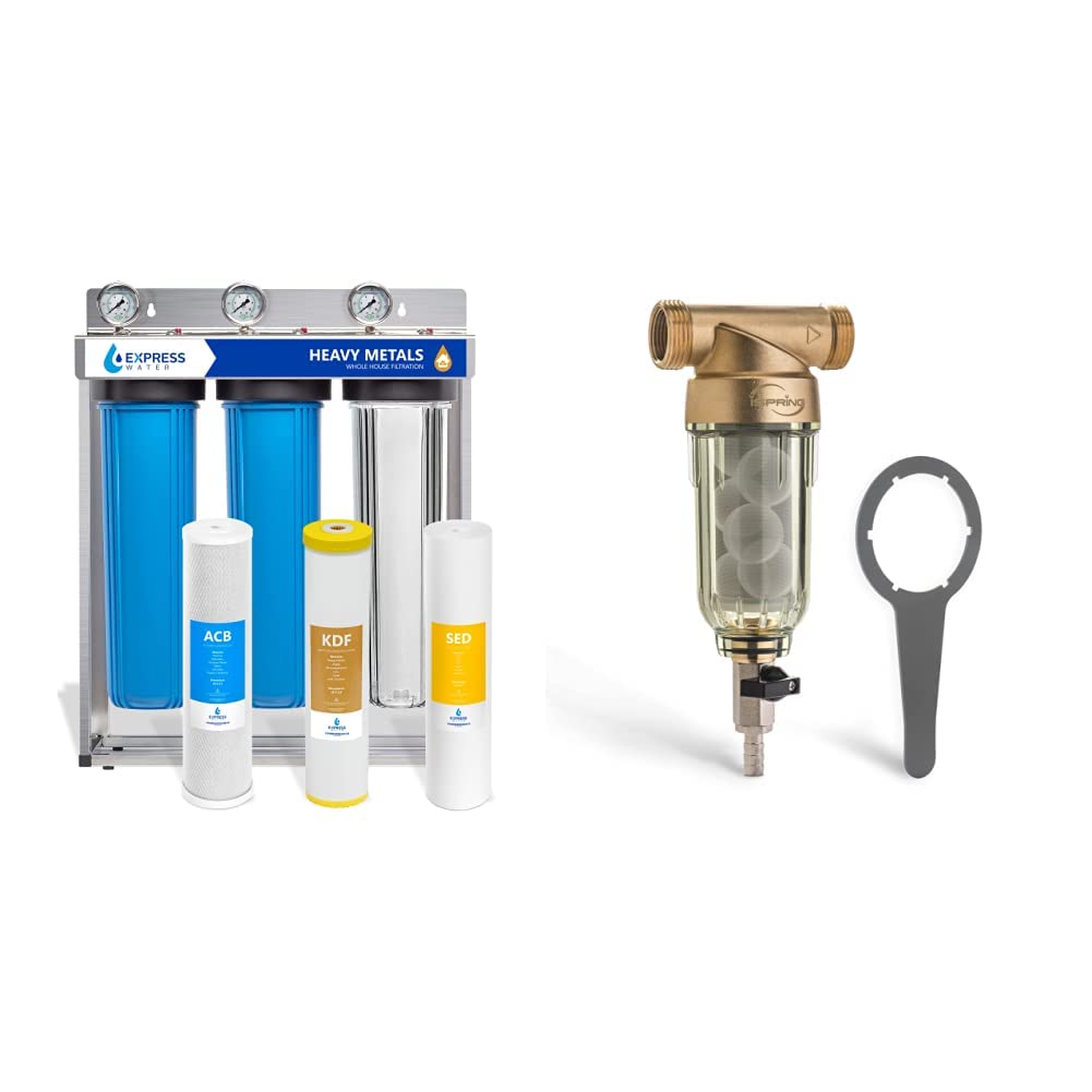 Express Water WH300SCKS 3-stage heavy metal whole house water filter — three big-blue housings with sediment, KDF, and activated carbon block filters on stainless steel frame with pressure gauges