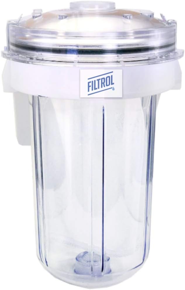 Filtrol washing machine lint filter &mdash; a clear cylindrical canister with a white mounting collar and a clear screw-down lid, shown on a white background