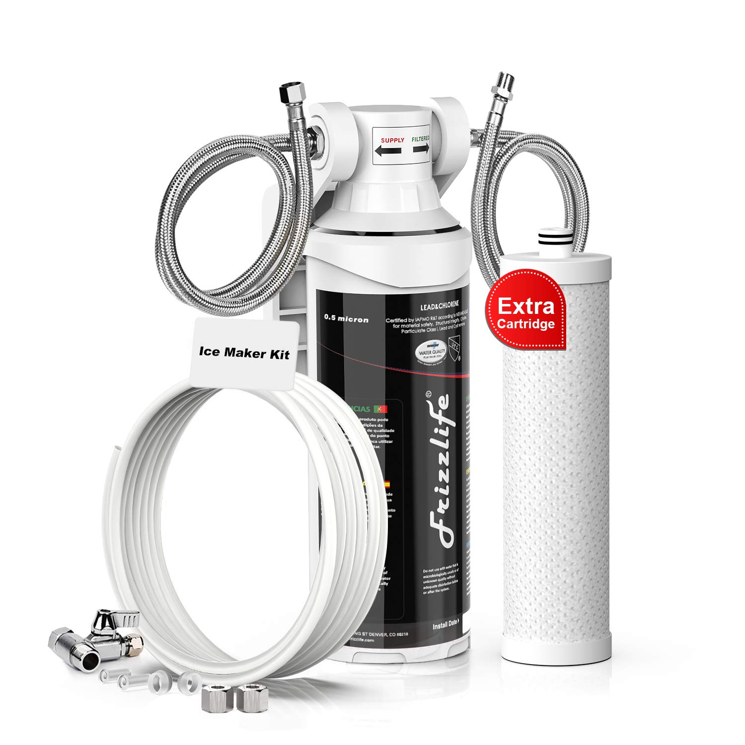 Frizzlife MK99 0.5-micron under-sink water filter with braided hoses and replacement carbon-block cartridge