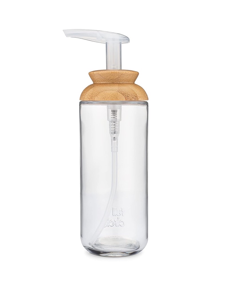 Full Circle Soap Opera clear recycled-glass foaming soap dispenser with a bamboo collar on a white background