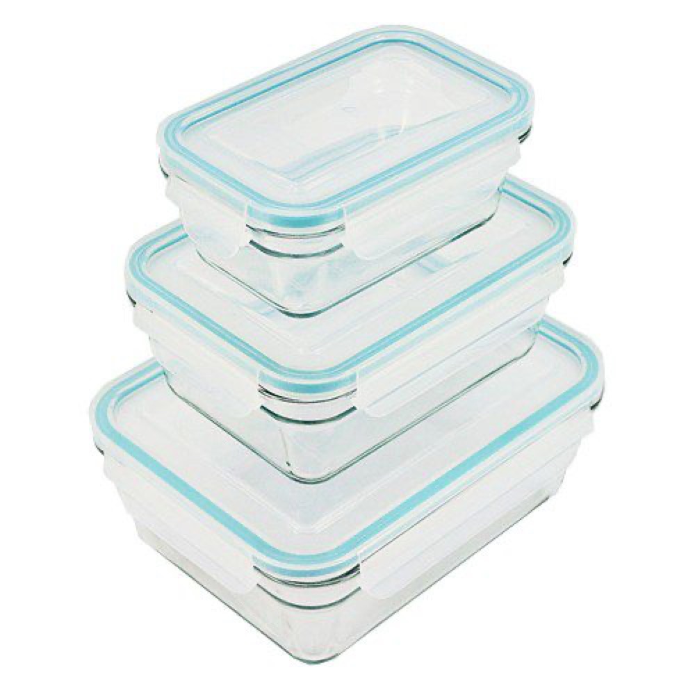 Glasslock oven-safe 3-pack — three stacked rectangular tempered-glass containers with snap-lock lids and silicone gaskets