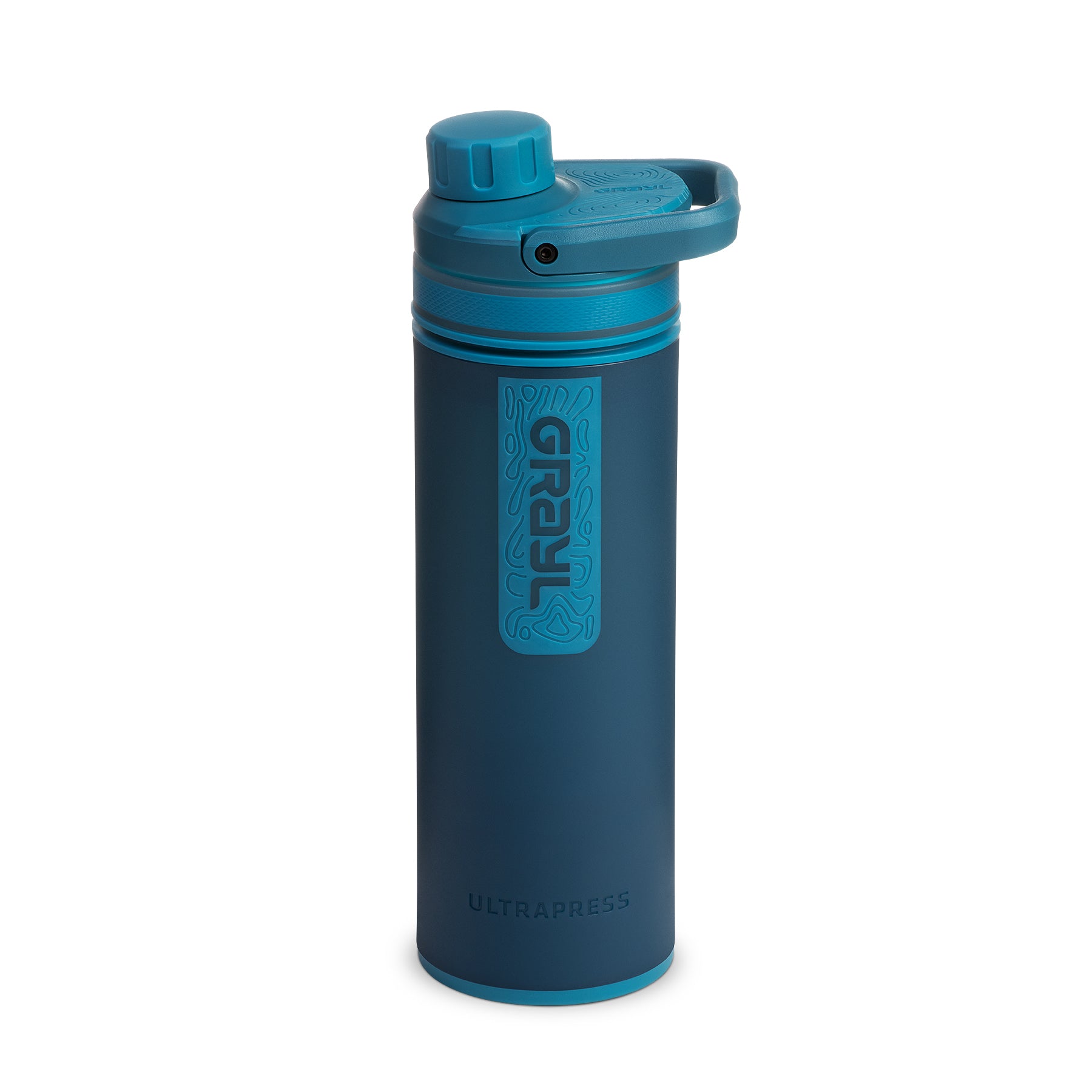 Grayl UltraPress water purifier bottle in Forest Blue, 16.9 oz, with electroadsorptive press cartridge that removes viruses, bacteria, protozoa and microplastics